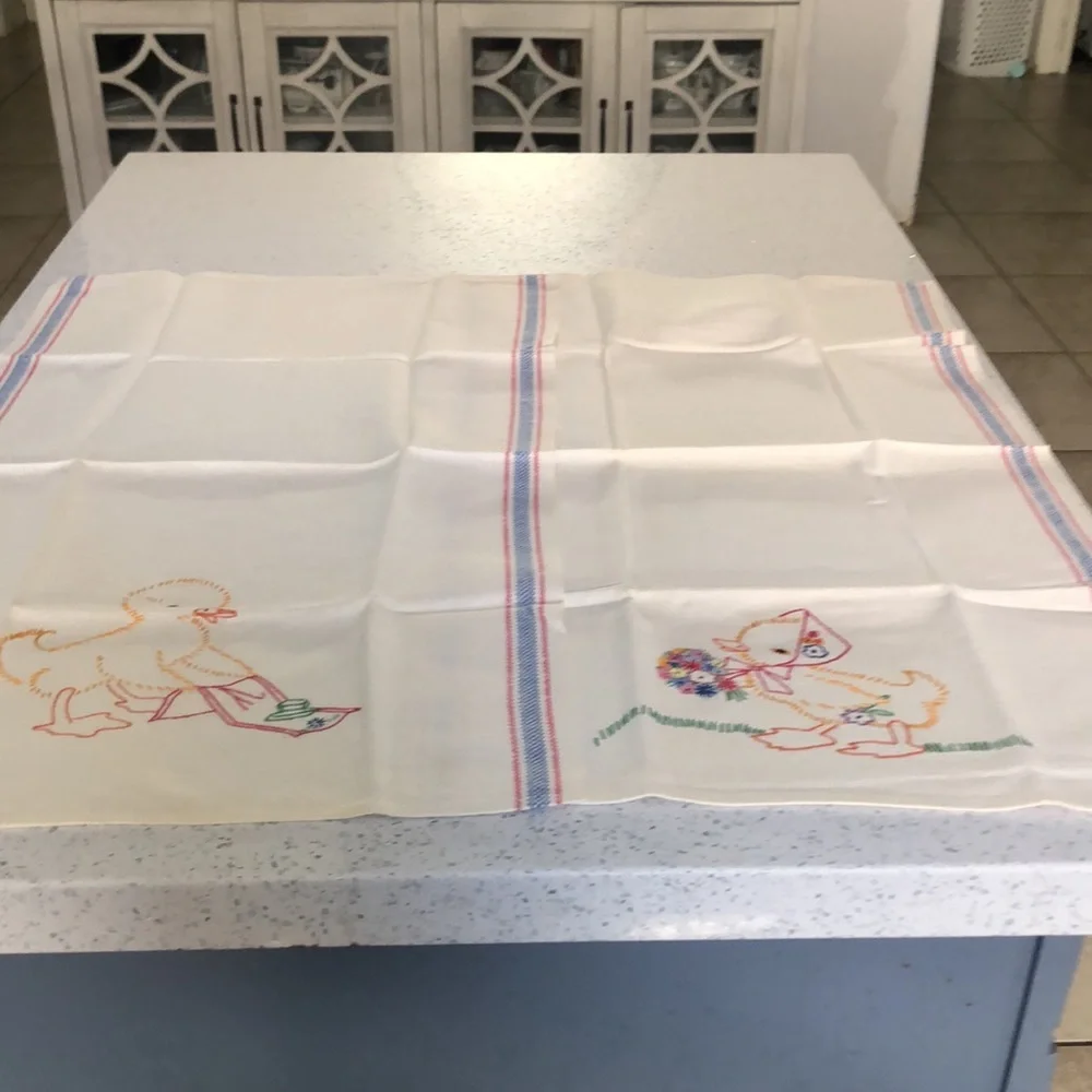 4 vintage hand embroidered canon linen tea towels with baby ducks and baby lamb